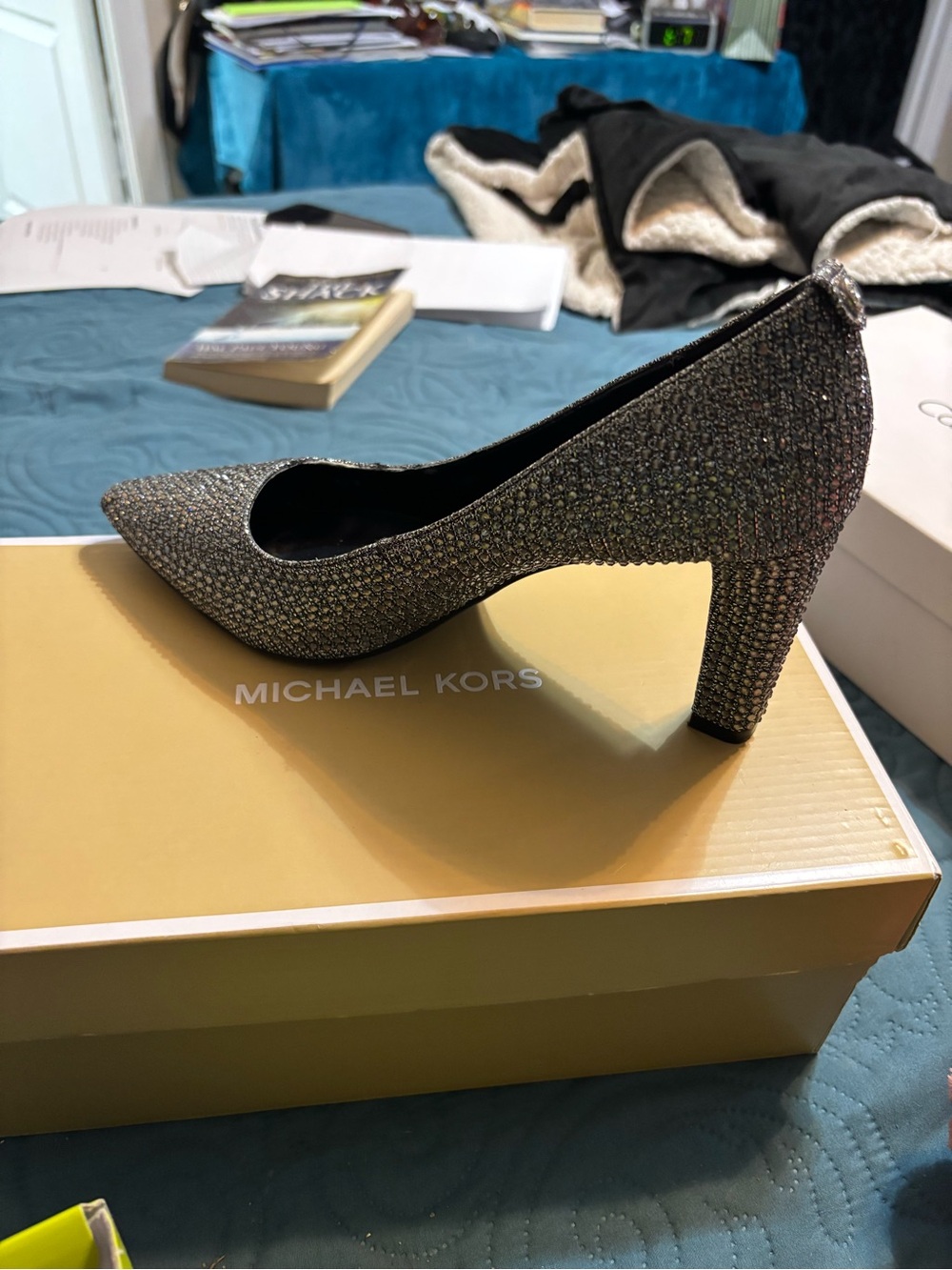 Michael Kors Silver Glitter Pointed Block Heel Pump